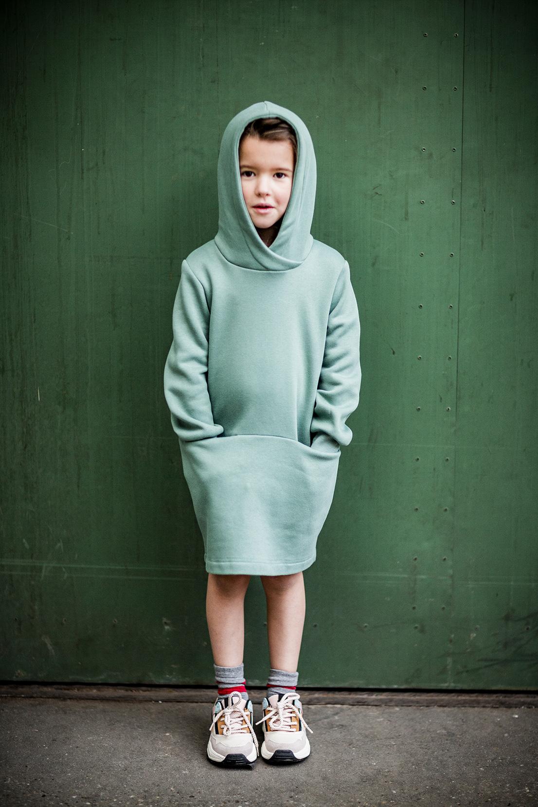 girls, green, hoody dress in knit fabric